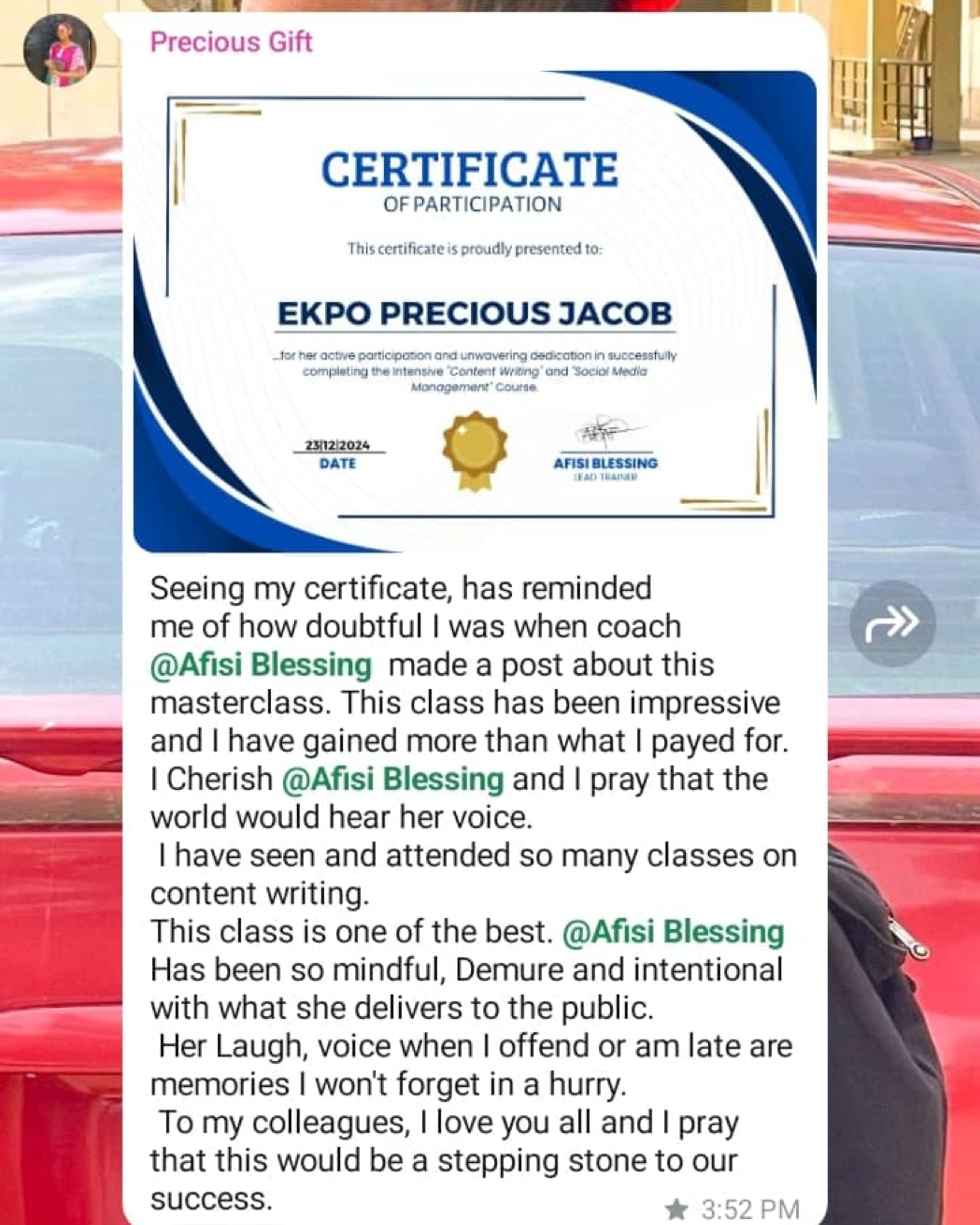 Testimonial from a student