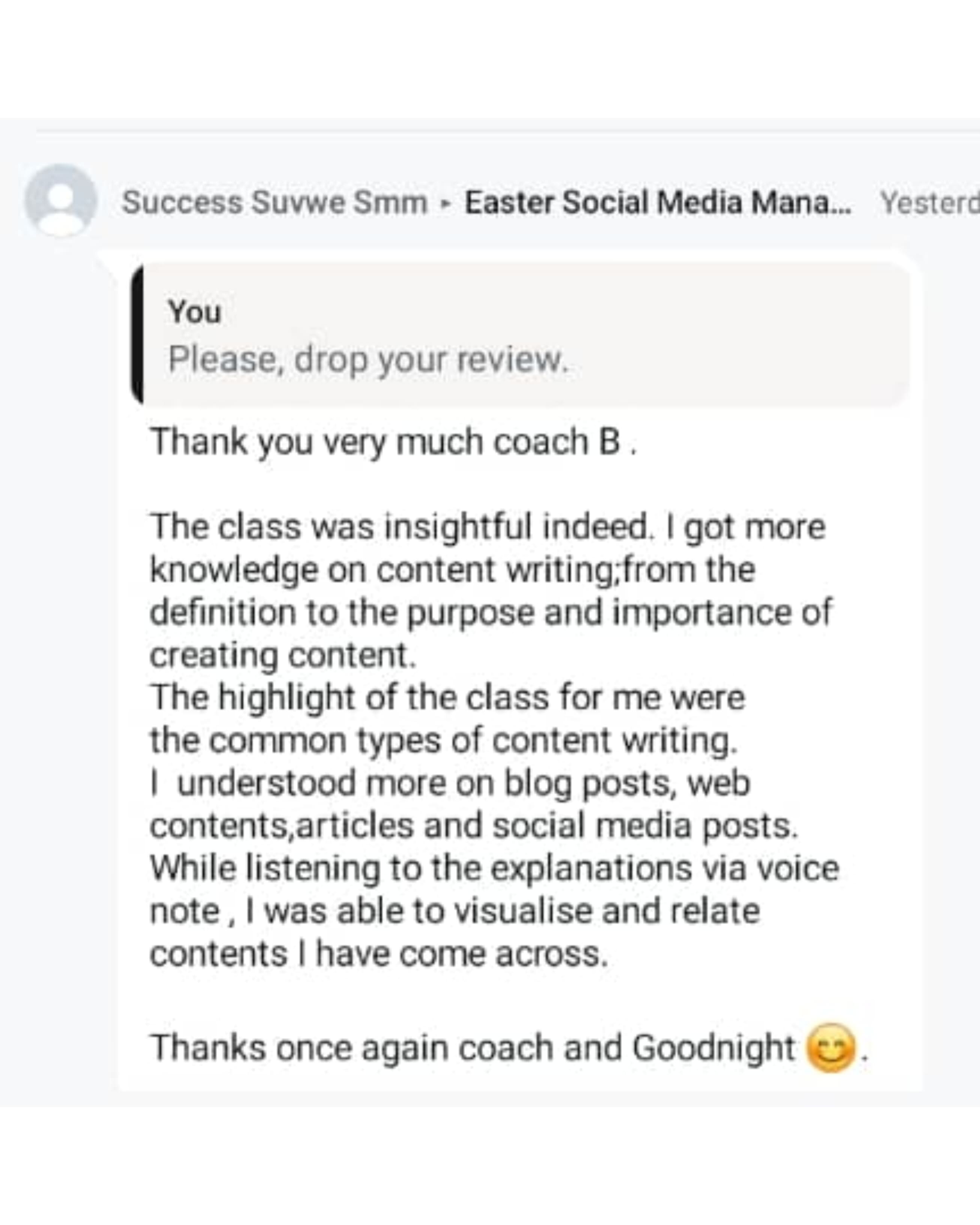 Testimonial from a student